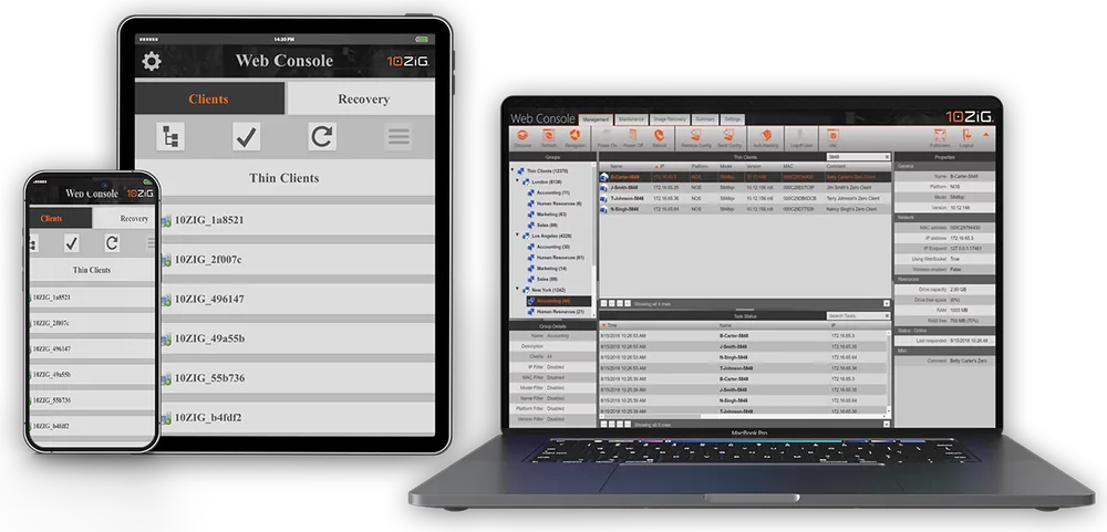 Console 10ZiG Manager sur smartphone, tablette et ordinateur portable
